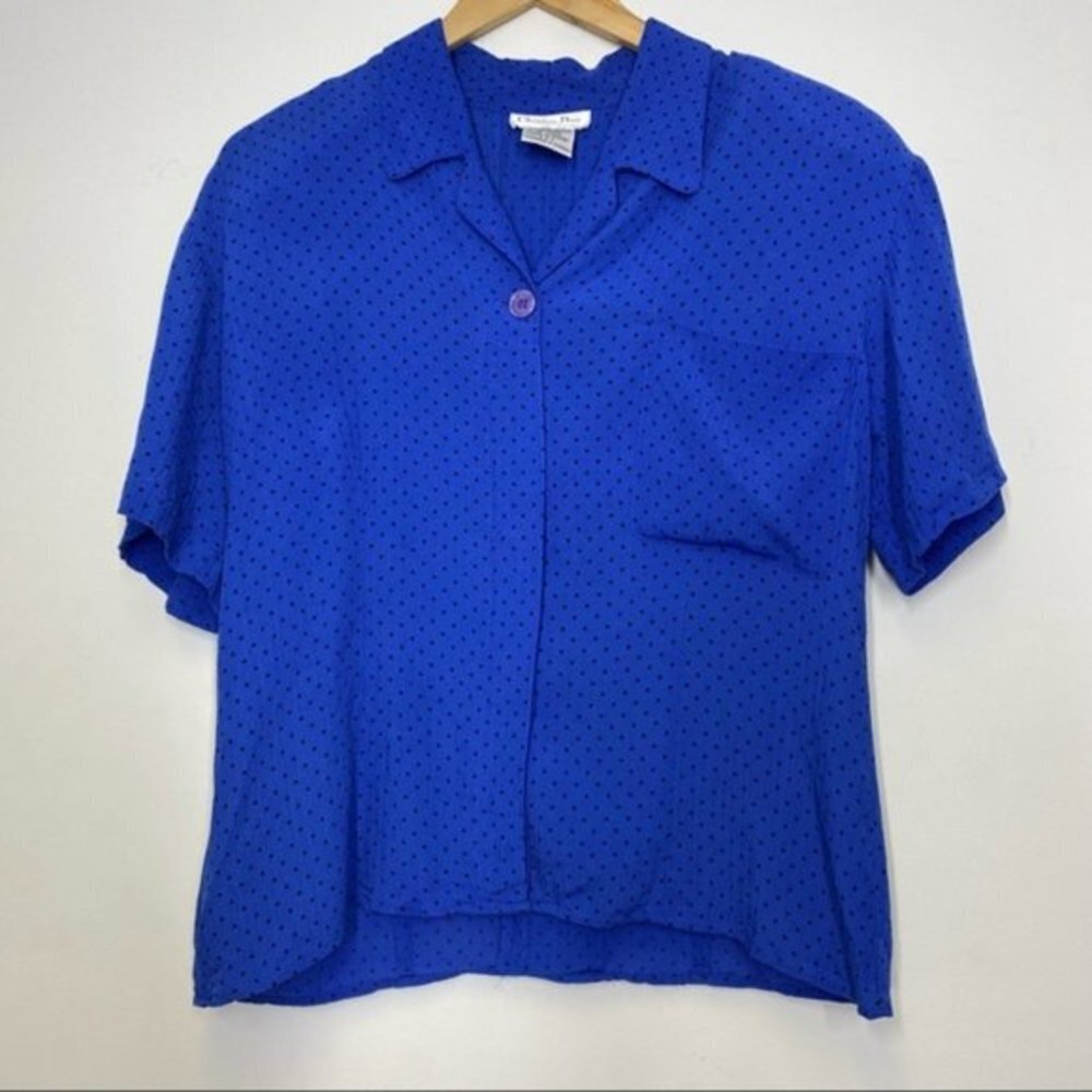 Christian Dior Chemises Polka Dot Blue Top Women‎ Size 8